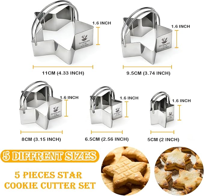 Star Cookie Cutters (5 Pieces/Set),Biscuit Cutter Set with Handle and Big Ring, Professional Baking Dough Cutter Tools for Cakes, Sandwiches, Donuts, Dumplings