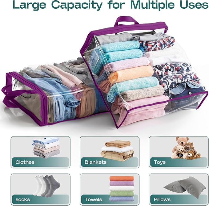 5PACK Clear Zippered Storage Bags for Clothes, 22L Closet Organizers Bag, and Blanket Storage Bags for Bedding, Linen, Blankets, Comforters, Clothing & Toys (Purple)
