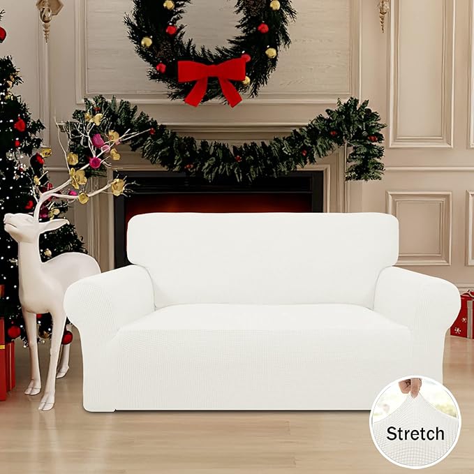 Easy-Going Stretch Loveseat Slipcover 1-Piece Sofa Cover Furniture Protector Couch Soft with Elastic Bottom for Kids Polyester Spandex Jacquard Fabric Small Checks (Loveseat, Cream)