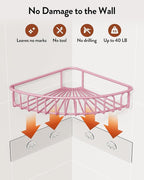Orimade Corner Shower Caddy with 2 Hooks Wall Mounted Metal Bathroom Shelf Storage Organizer Adhesive No Drilling 2 Pack, Pink Only for 90-Degree Corner