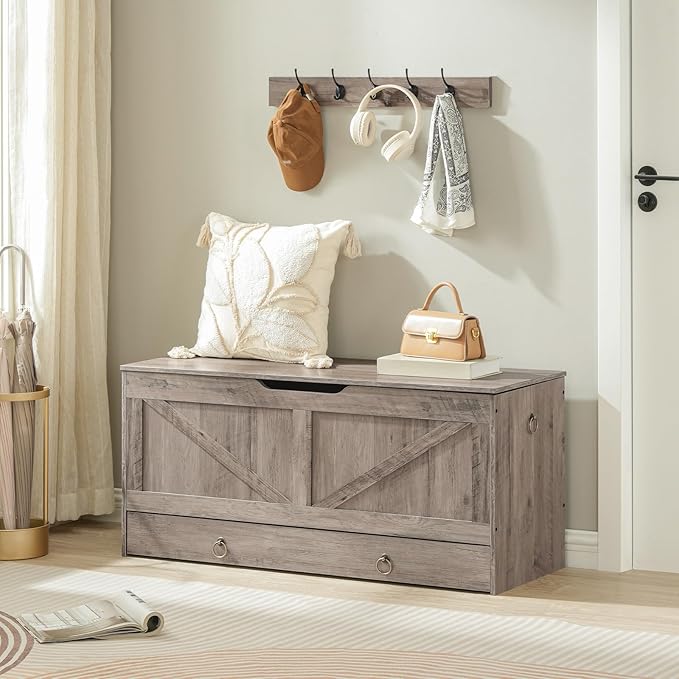 HOOBRO Storage Chest, 43.3" Toy Chest with Drawer, Wooden Storage Bench, Sturdy Entryway Bench Supports 220 lb, Shoe Bench, Safety Hinge, U-Shaped Opening, Easy Assembly, Greige BG711CW01G1