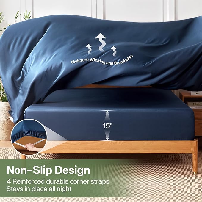 MR&HM Full Fitted Sheet Only, Ultra-Soft Rayon Derived from Bamboo & Polyester Blend, Silky & Breathable, 15" Deep Pocket with Elastic Straps, Cooling Fitted Sheet for Hot Sleepers, Navy Blue