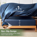 MR&HM Full Fitted Sheet Only, Ultra-Soft Rayon Derived from Bamboo & Polyester Blend, Silky & Breathable, 15" Deep Pocket with Elastic Straps, Cooling Fitted Sheet for Hot Sleepers, Navy Blue