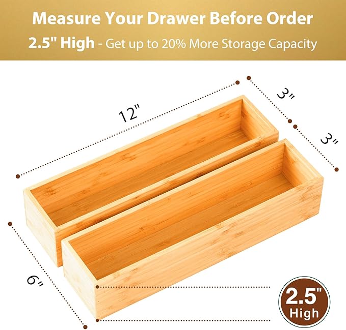 Umilife Bamboo Kitchen Drawer Organizer, Extra High Silverware Tray, Flatware Cutlery Storage Box, Multi-Use Holder in Office, Bathroom, Pantry - 12"x3"x2.5" (Set of 2)