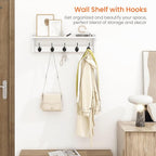 Homode Coat Rack with Shelf Wall Mount, 24 Inch Long Wall Shelf with Hooks Underneath, Wood Hanging Coat Hanger with Hat Shelves for Entryway, Bathroom, Mudroom, White
