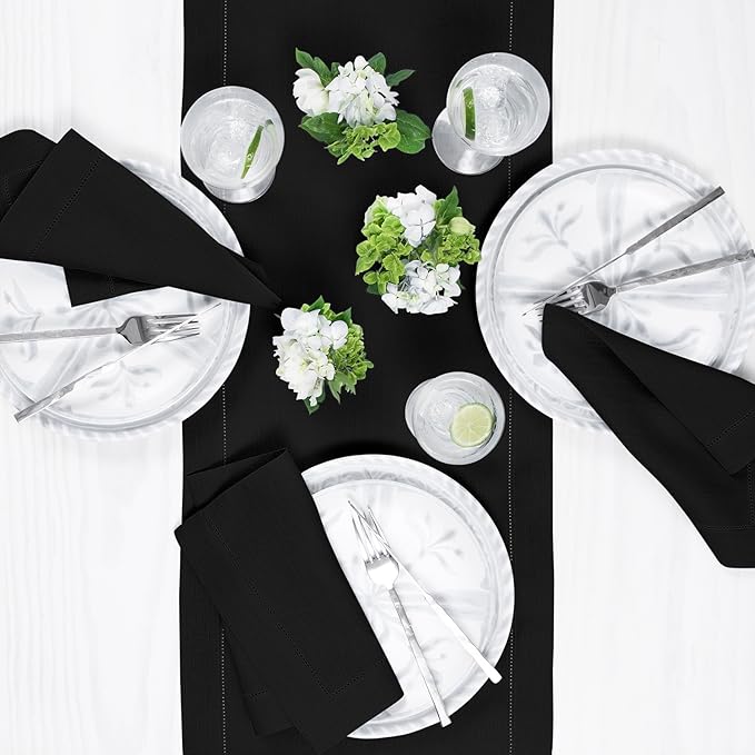 Solino Home Linen Black Table Runner 144 Inches Long - 100% Pure Linen Extra Long Table Runner 14 x 144 Inch for Holiday, Christmas, New Year - Classic Hemstitch
