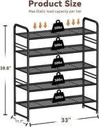Standard Shoe Rack 5-Tier 32.5 Inches Wide, Free Standing Shoe Organizer for Indoor Outdoor | Adjustable Heavy-Duty Metal Shelf Ideal for Home Entryway Closet & Garage Balcony | Black
