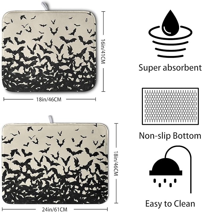 Halloween Bats Halloween Dish Drying Mat for Kitchen Counter 16x18 Inch Microfiber Absorbent Drying Mats Washable Dishes Drainer Mats Reusable Dish Rack Pad for Coffee Bar