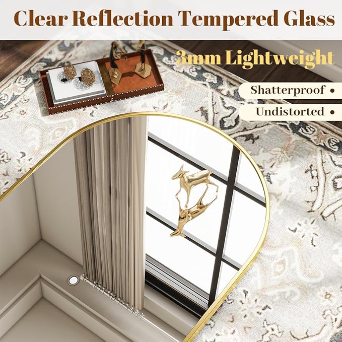 VooBang Wide Arched Wall Mirror, 31 x 32 inch Arch Bathroom Mirror, Wall Mounted Vanity Mirror with Arch Metal Frame, Modern Bathroom Vanity Mirror for Bedroom, Living Room, Hanging or Leaning, Gold
