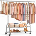 EAGMAK Heavy Duty Clothes Rack for Hanging Clothes Load 556 LBS, Height Adjustable Rolling Clothing Racks, Portable Metal Coat Rack Garment Wardrobe with Wheels and Shelves for Bedroom Laundry, Silver