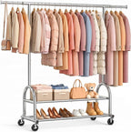 EAGMAK Heavy Duty Clothes Rack for Hanging Clothes Load 556 LBS, Height Adjustable Rolling Clothing Racks, Portable Metal Coat Rack Garment Wardrobe with Wheels and Shelves for Bedroom Laundry, Silver