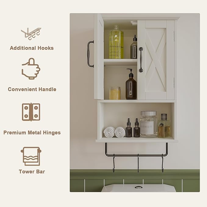ChooChoo Farmhouse Medicine Cabinet, Bathroom Wall Cabinet with Adjustable Shelf, Towel Bar, 3 Hooks, Over The Toilet Storage Cabinet for Bathroom, Kitchen, White