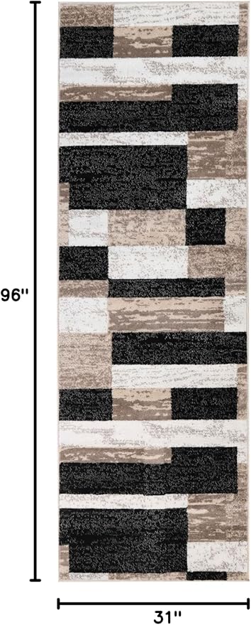 Superior Indoor Runner Rug, Jute Backed, Modern Geometric Patchwork Floor Decor for Bedroom, Office, Living Room, Entryway, Kitchen, Hardwood Floors, Rockwood Collection, 2' 7" x 8', Ivory-Beige