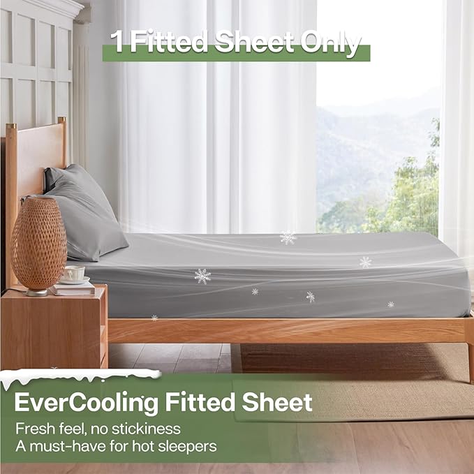 MR&HM King Fitted Sheet Only, Ultra-Soft Rayon Derived from Bamboo & Polyester Blend, Silky & Breathable, 15" Deep Pocket with Elastic Straps, Cooling Fitted Sheet for Hot Sleepers, Silver Grey