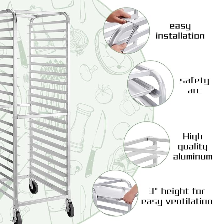 HALLY SINKS & TABLES H Bun Pan Rack 20 Tier with Wheels, Commercial Bakery Racking of Aluminum for Full & Half Sheet - Kitchen, Restaurant, Cafeteria, Pizzeria, Hotel and Home, 26" L x 20" W x 69" H