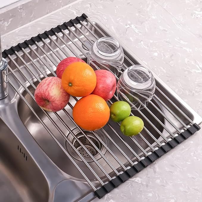 Seropy Roll Up Dish Drying Rack Over The Sink for Kitchen Sink Drying Rack Folding Dish Drainer Mat Rolling Dish Rack Sink Rack Stainless Steel Kitchen Dry Rack Black 17.5x15.7 Inch