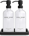 Glass Hand and Dish Soap Dispenser Set by Brighter Barns - Kitchen Soap Dispenser Set with Tray, Stainless Steel Pump - Glass Bottles for Sink - Black Kitchen Accessories for Home, Hotel, Gift (Clear)