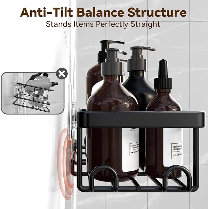 YASONIC Shower Caddy Adhesive 5-Pack, Rustproof Shower Organizer with Holder, No Drilling Shower Shelves for Inside Shower, Large Capacity Bathroom Organizers and Storage for Home & Renters, Black