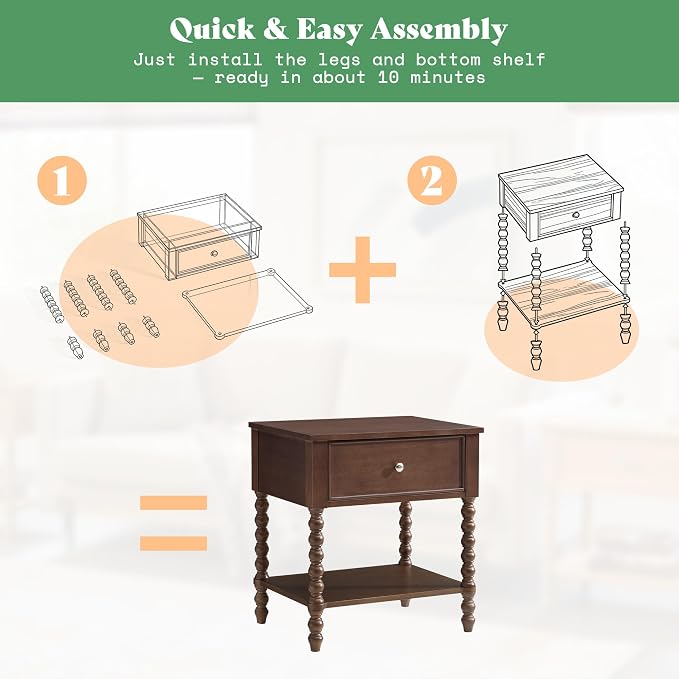 AMERLIFE 24" Walnut Nightstand Set of 2, Vintage Bedside Table