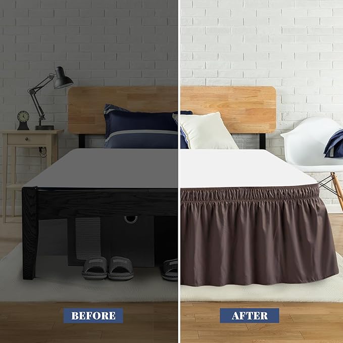 King Bed Skirt, Elastic Wrap Around Bed Skirt King Size, Bed Skirts for Adjustable Bed, Easy Fit with 18" Drop Length Tailored Drop Dust Ruffle (Brwon)