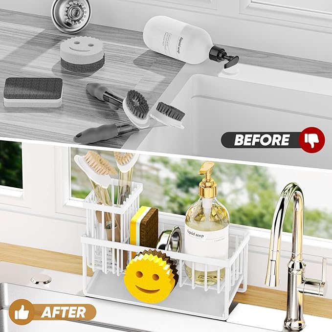 Sponge Holder for Kitchen Sink,Smiley Face Sink Caddy with Removable Brush Holder,Self-Draining Sponge Caddy for Sponge,Soap,Dish Brush,Scrubber,Kitchen Essentials and Gadgets-White