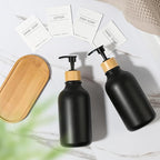 KASUNTING Hand and Dish Soap Dispenser Set, Plastic Kitchen Soap Dispenser Set with Bamboo Tray, 17 Fl Oz Black Soap and Lotion Dispensers Sets with 4 Pack Labels for Kitchen & Bathroom Countertop