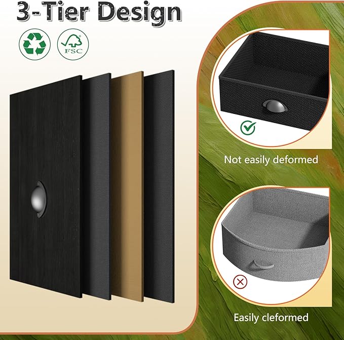 Night Stand, End Table with 2 Drawers Nightstand for Bedroom, Small Fabric Dresser Organizer, Bedisde Table Side Table with Open Storage Shelf, Black