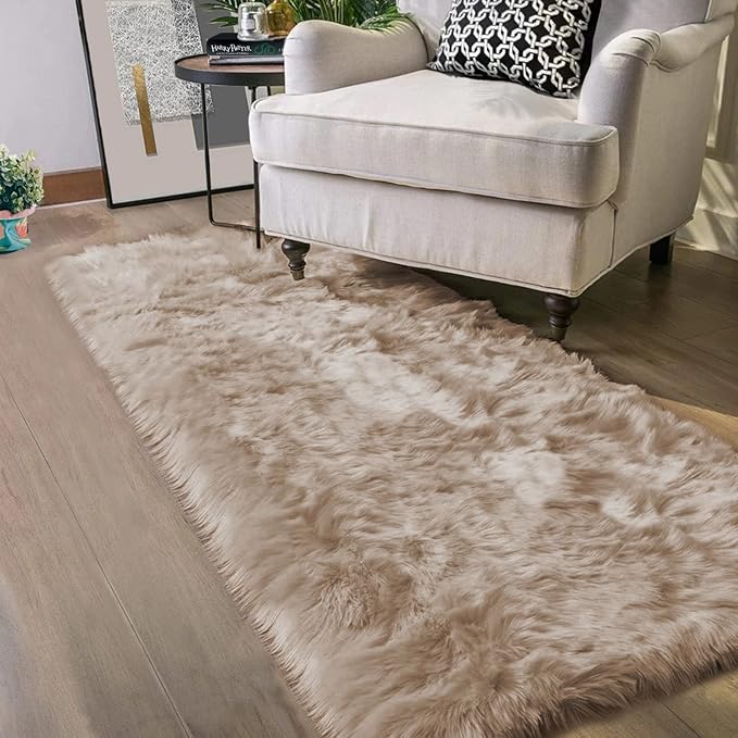 Latepis Brown Beige Faux Sheepskin Fur 2x8 Runner Rug for Hallway Non-Slip Furry Rugs for Bedroom Living Room Rugs for Home Decor Rectangle