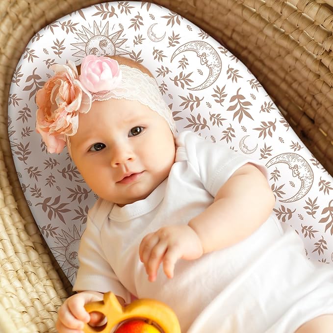 Baby Bassinet Sheets Girl Boy, Fitted Bassinet Sheet Set 3 Pack Bassinet Mattress Sheets Universal Fit for Rectangle, Round, Oval, Hourglass Mattress, Soft Breathable White Brown Sun God