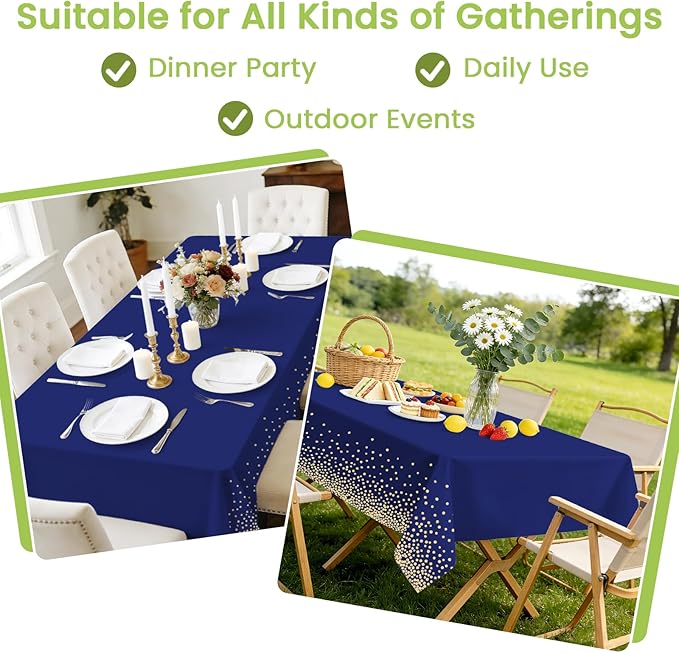 4 Pcs Navy Blue Plastic Tablecloth Gold Dot Blue Table Cloths, 54×108 inches Disposable Gold Dot Confetti Dark Blue Table Cover for Anniversary Friendsgiving Fine Dining Graduation Party Decoration…