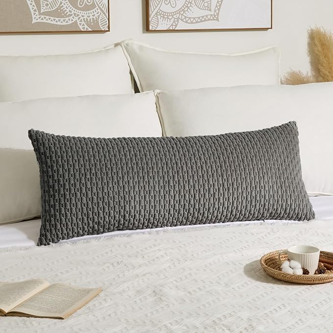 Kevin Textile 14x36 Inch Long Lumbar 1 Pack Boho Decorative Throw Pillow Cover Soft Striped Corduroy Rectangle Cushion Case Farmhouse Accent for Living Room Couch Sofa Bed, Dark Grey