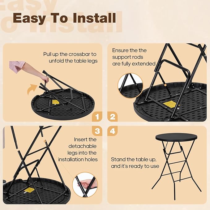 32" Round Folding Table, Portable Bar Height Folding Table with Detachable Legs, Round Foldable Table with HDPE Top for Standing Parties, Balcony, Event, Indoor Outdoor Use (Black, 1 Pack)