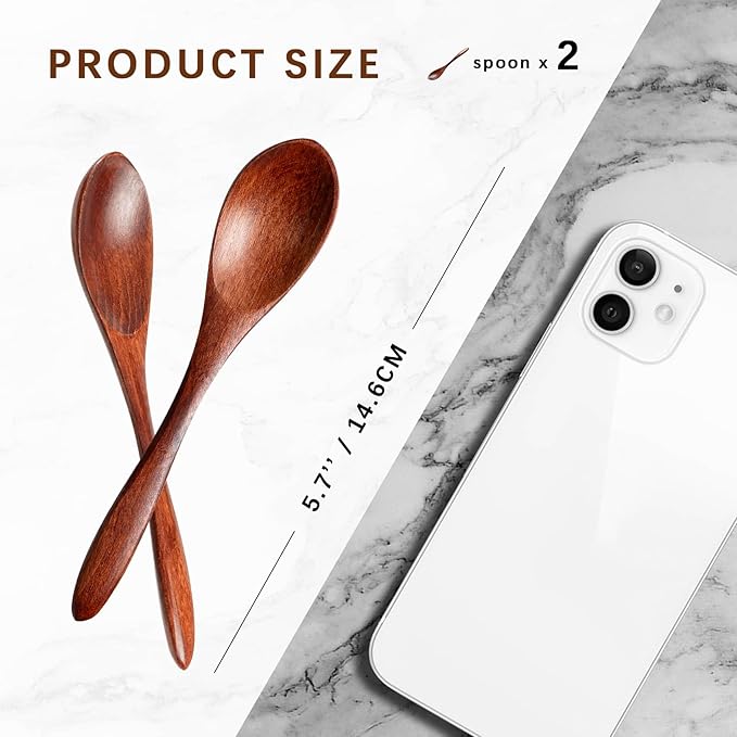2 PCS Small Wooden Spoons, 5.8 Inch Honey Spoons for Tea, Hardwood Wooden Honey Teaspoon for Coffee, Little Tiny Wood Spoons, Bamboo Table Spoon for stirring, Wooden Spoons for Utensils Set