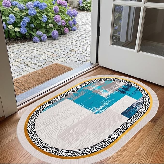 Vintage Luxury Grey Blue Gold Abstract Geometric Texture Oval Area Rug 10x12 for Living Room Bedroom Dining Room Minimalist Bordered Large Rugs Nursery Dorm Kitchen Entryway Soft Non Skid Floor Carpet
