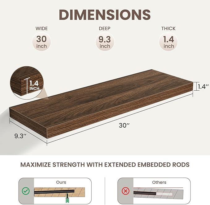 Acovy 30 Inch Floating Shelves,9.3" Deep Floating Shelf Wall Mounted,30 Inch Wall Book Shelves for Home Decor,Large Long Deep Hanging Shelves for Bathroom Office Laundry Living Room Bathroom,Walnut