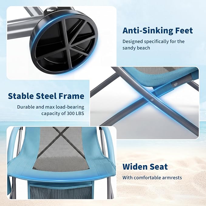 Garvee High Beach Chair, Folding Portable Beach Chairs for Adults, Lightweight Extra Wide Seat Chair with Cup Holder, Storage Pocket & Carry Bag for Camping, Beach, Travel