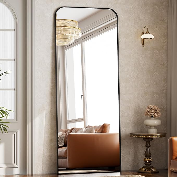 Full Length Mirror 71"x26" Arched Floor Standing Large Mirrors Full Body Mirror with Stand - with Aluminum Frame for Bedroom Living Room, Black
