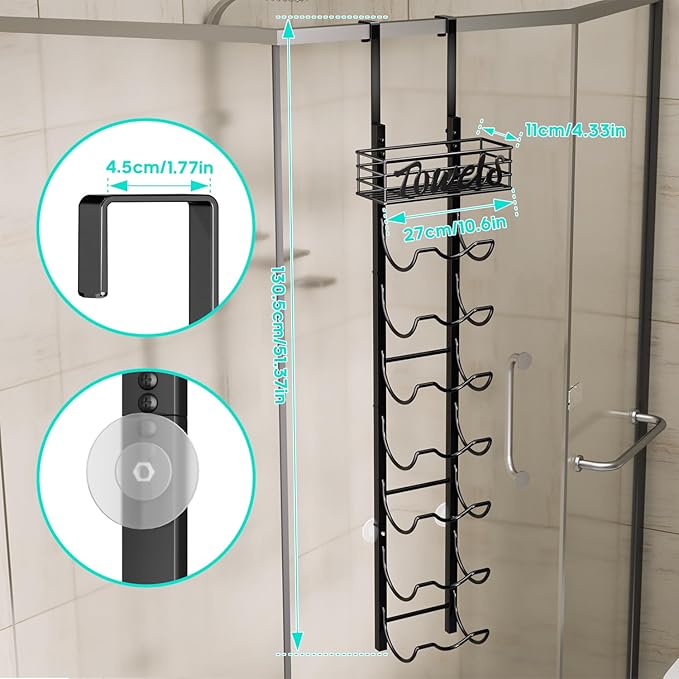 HapiRm Over The Door Towel Rack - 8 Tier Wall Mount Rolled Towel Holder Storage Organizer Shelf with Storage Basket for Small Bathroom, Rv, Camper - Black