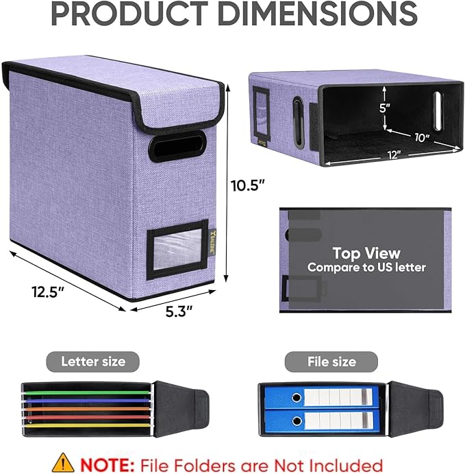 BALEINE File Organizer Box with Lid, Collapsible File Folder Organizer with Plastic Slide, Hanging File Folder Box for Office Document Storage (2 Pack, Purple, S)