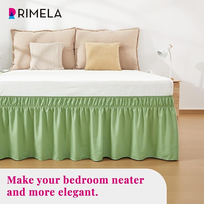 RIMELA Light Green Bed Skirt Queen Size 15 Inch Drop, Elastic Bed Skirting, Bedding Dust Ruffle Easy to Install, Wrap Around Bedskirt, Bedroom Decor