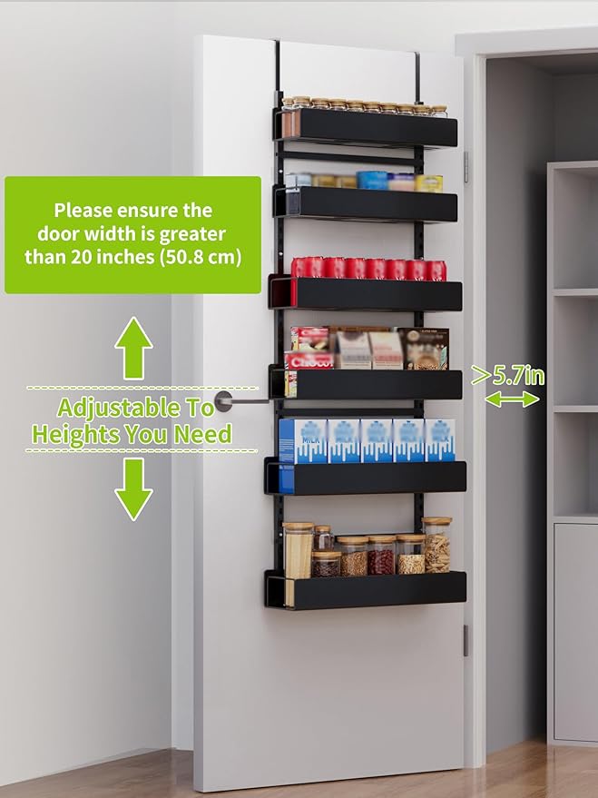 Over the Door Pantry Organizer, 6-Tier Metal Pantry Door Organization and Storage, Hanging Kitchen Basket Spice Rack Seasoning Shelves, Cabinet Door Organizer for Easy Install Black