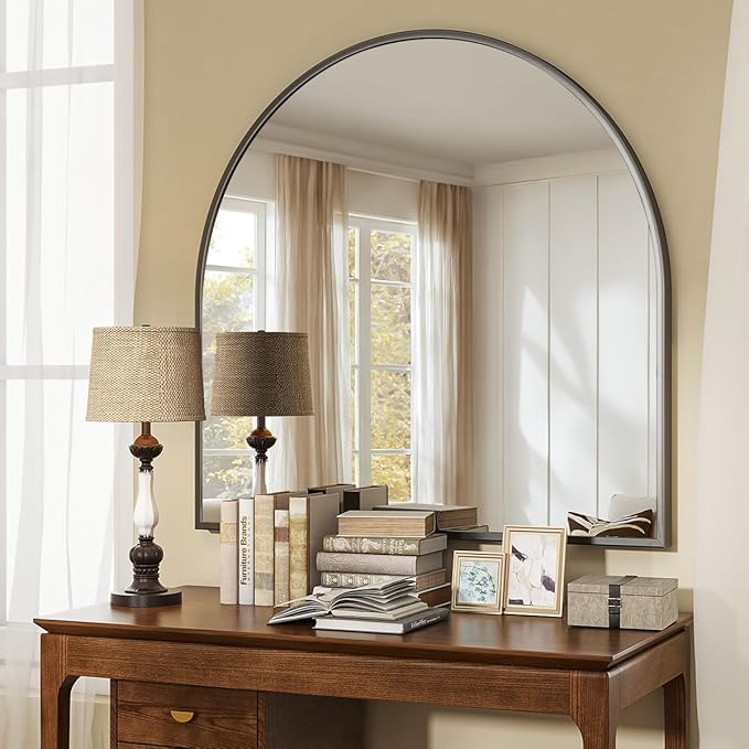 VooBang Wide Arched Wall Mirror, 31 x 32 inch Arch Bathroom Mirror, Wall Mounted Vanity Mirror with Arch Metal Frame, Modern Bathroom Vanity Mirror for Bedroom, Living Room, Hanging or Leaning, Black