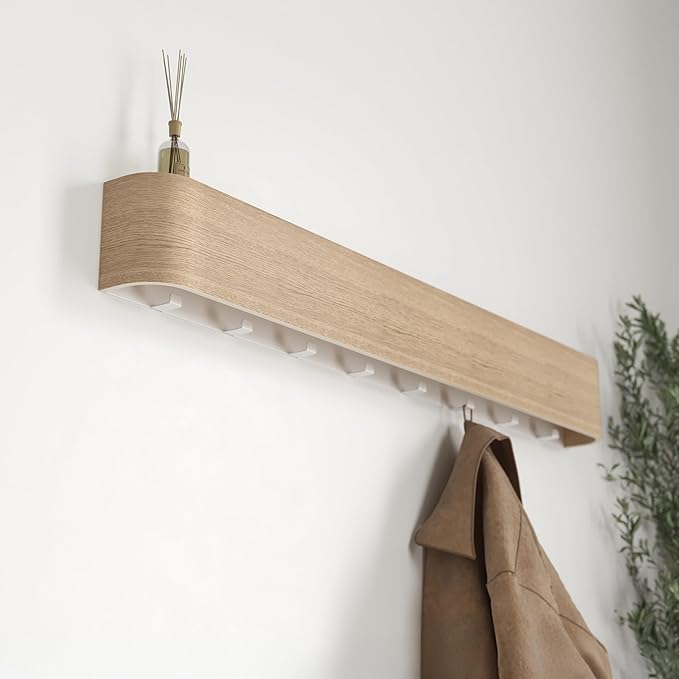 Kazai. Wall-Mounted Coat Rack 'Toke' - Modern Design Coat Rack with Hidden Wall Hooks - Solid Wood Veneer Panel Coat Hanger - Oak, White