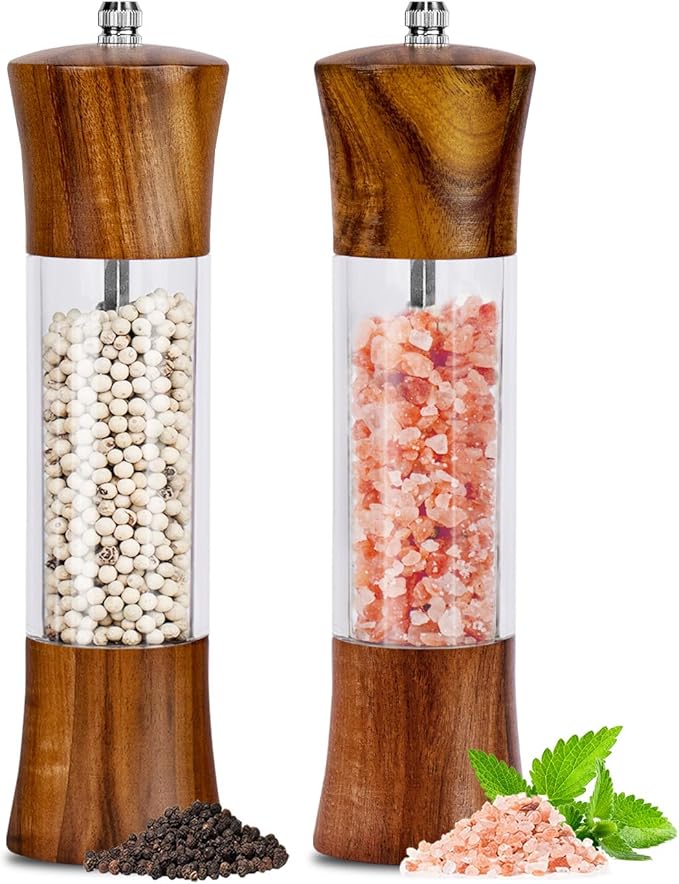 XWXO Acacia Wood Premium Acrylic Salt and Pepper Grinder Set 8 Inches Salt and Pepper Mill Set, Manual Mills- Wooden Shakers with Adjustable Ceramic Core 2 Pack for Kitchen Home Gift