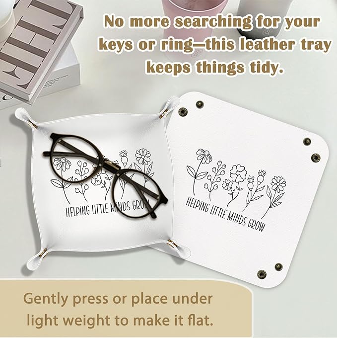 Teacher Appreciation Gifts for Women Men, Teacher Gifts PU Leather Catchall Beside Caddy Nightstand Organizer Tray for Jewelry Rings Watches and Accessories, 7.87x7.87in