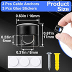 SmallCat 3 Sets Charger Holders for Cords, Matte Black Color Adjustable Cable Anchor Holders, Adhesive Metal Cord Clips, Cable Management Wire Organizers for Desk, Office, Nightstand