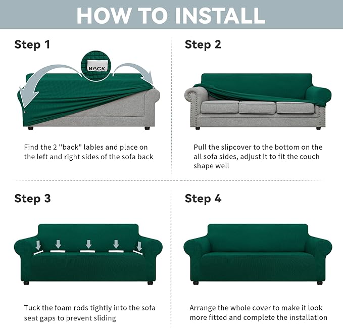 LURKA Stretch Oversized Sofa Slipcovers 1 Piece Couch Covers for 3 Cushion Couch Sofa Furniture Protector Full Sofa Covers with Elastic Bottom for Kids and Pet (Dark Green, X-Large)