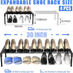 Teenyyou 4 Pcs Expandable Shoe Rack 17 ''-30 '' Adjustable Shoe Shelf Metal 1 Tier Rack Black Stackable Organizer for Cabinet Entryway Closet Doorway Front Door Small Space Dorm Room Storage