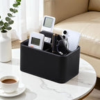 Caddy Organizer with Handle, PU Leather Remote Control Holder Desk Caddy, Portable Makeup Remote Organizer for Table, Nightstand, Office (Black)
