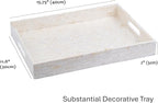 PEMAR Handmade Capiz Shell Decorative Serving Tray – Mother of Pearl Finish Herringbone Mosaic Rectangular Tray with Handles, 15.74 x 11.8 x 2 in, for Coffee Table & Home Decor